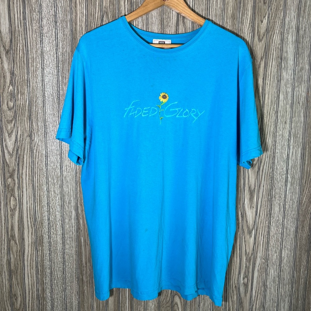 Vintage 90’s Turquoise Blue Yellow Sunflower Embroidered Faded Glory T-Shirt Top